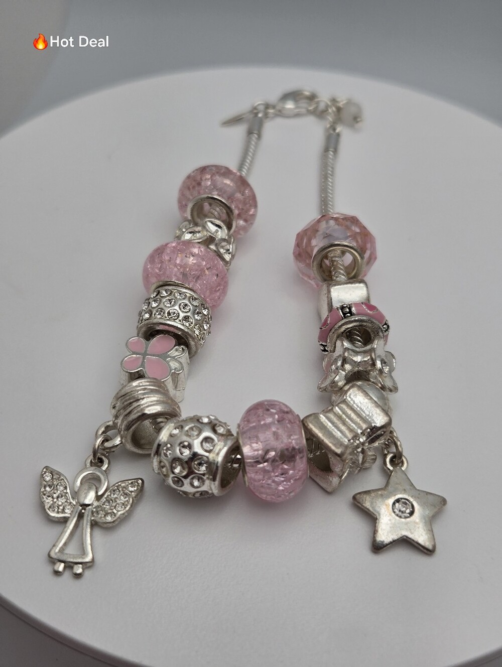 Pink & Silver Charm Bracelet Angel Butterfly Star Rhinestone 8''+1" Pandora Like